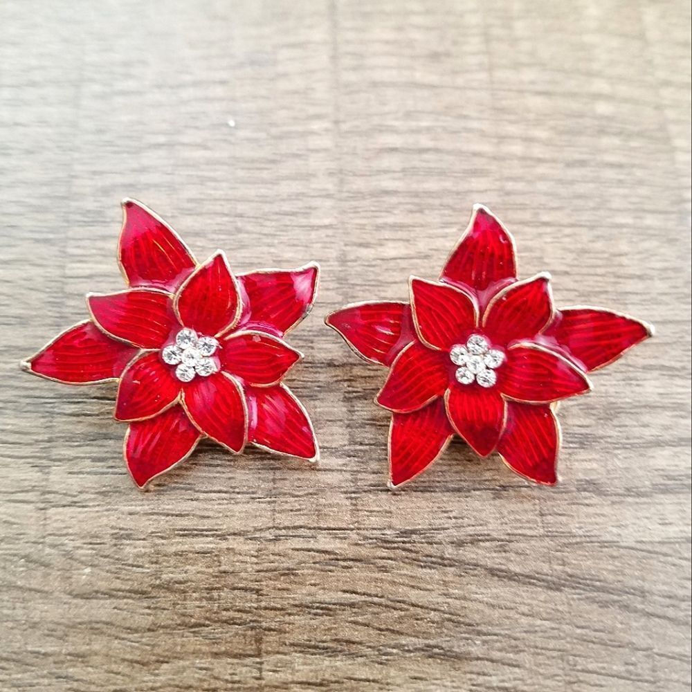 Vintage 50's Eisenberg Ice Enamel Swarovski Crystal Poinsettia Clip On Earrings